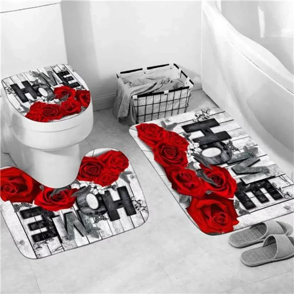 Red Rose 4 Pcs Shower Curtain Sets Non-Slip Rugs Bath Mat Toilet Cover